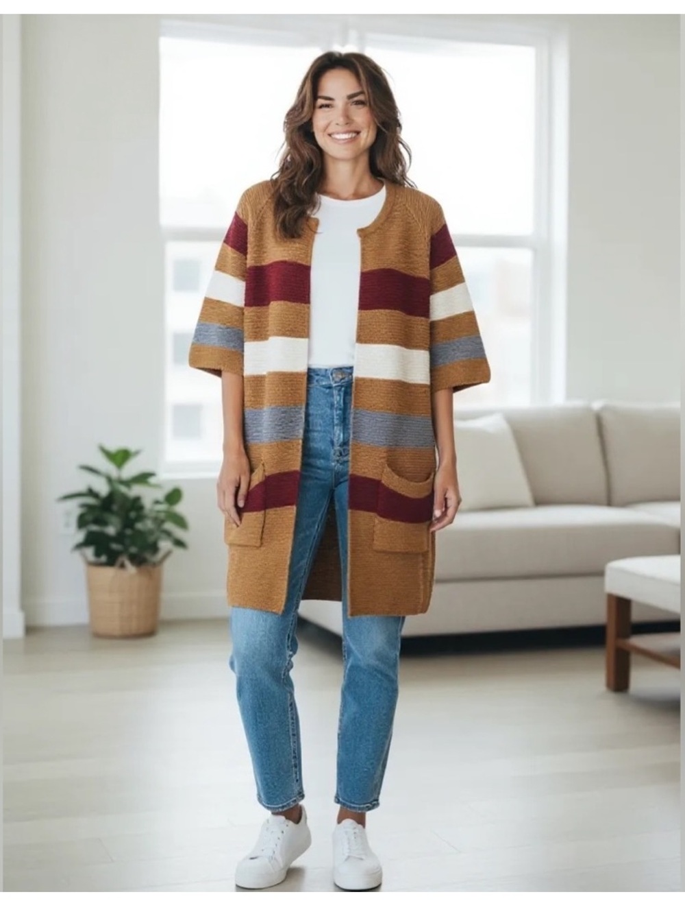 UFA scandi girl bohemian open front colorblock knit casual sweater cardigan OSFM